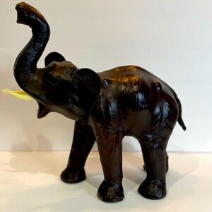 Vintage Large Leather Covered Elephant 12" Tall Statue Tusks Glass Eyes